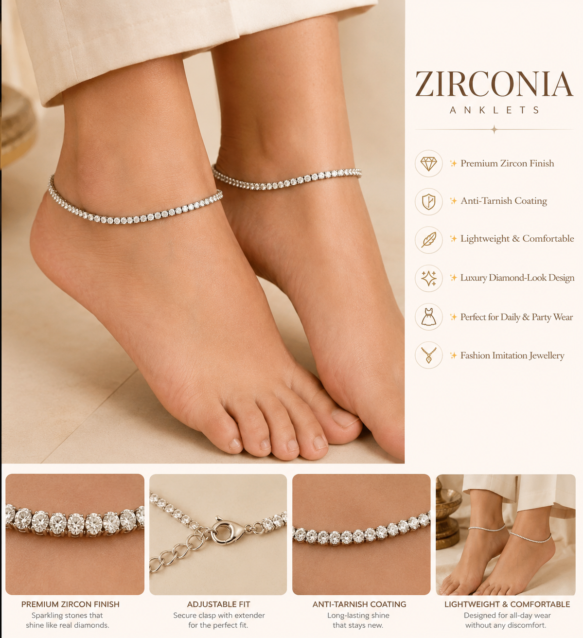 Silver Crystal Tennis Anklet for Women