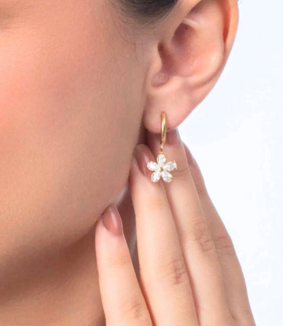 Gold Crystal Flower Drop Earrings for Women