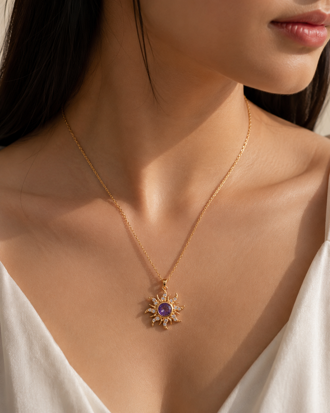 Gold-Toned Celestial Sun Pendant Necklace with Purple Crystal for Women | Statement Pendant Necklace