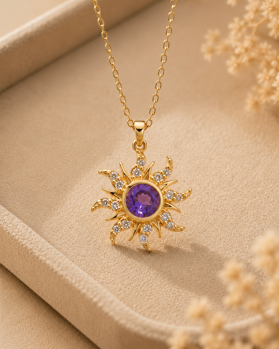 Gold-Toned Celestial Sun Pendant Necklace with Purple Crystal for Women | Statement Pendant Necklace