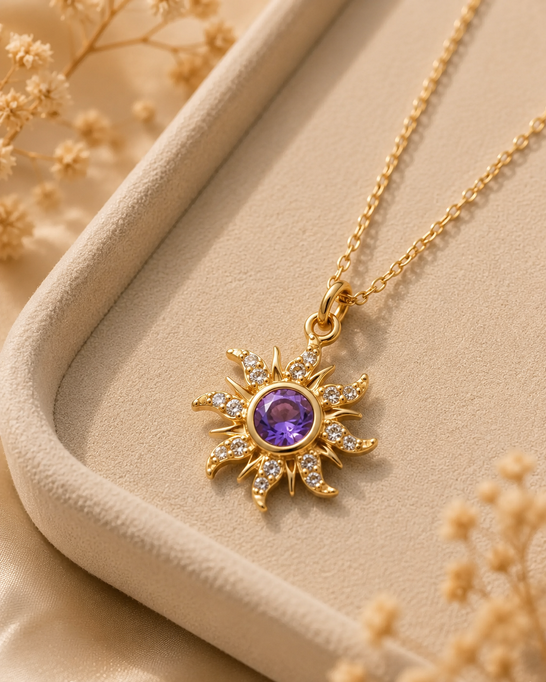 Gold-Toned Celestial Sun Pendant Necklace with Purple Crystal for Women | Statement Pendant Necklace