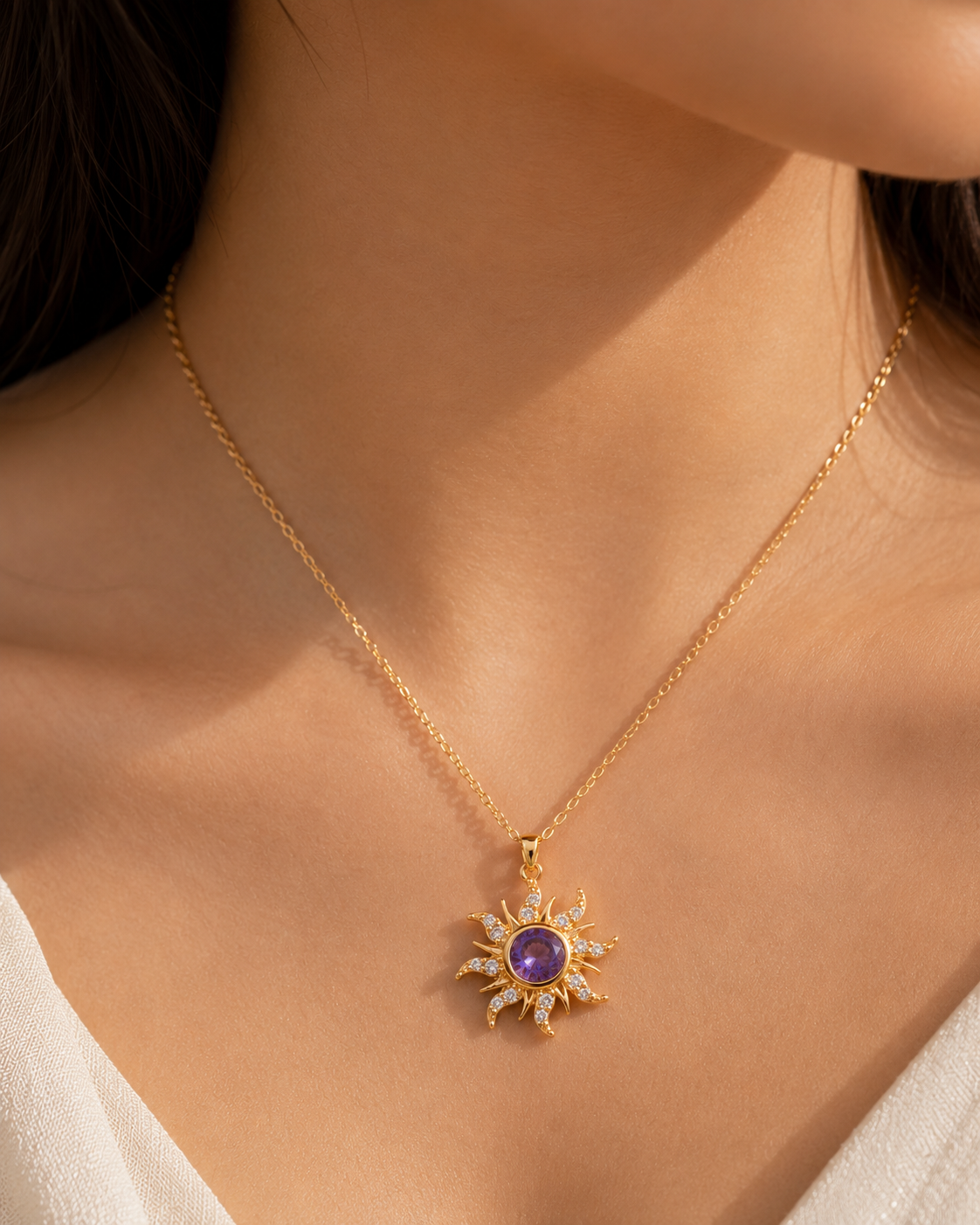 Gold-Toned Celestial Sun Pendant Necklace with Purple Crystal for Women | Statement Pendant Necklace