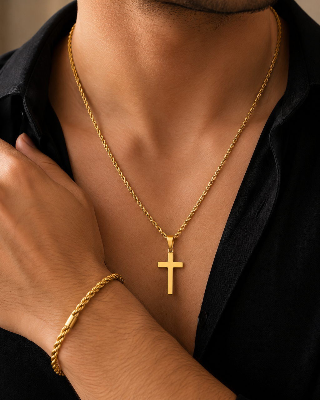 Classic Gold Cross Pendant Necklace for Women | Rope Chain Religious Pendant