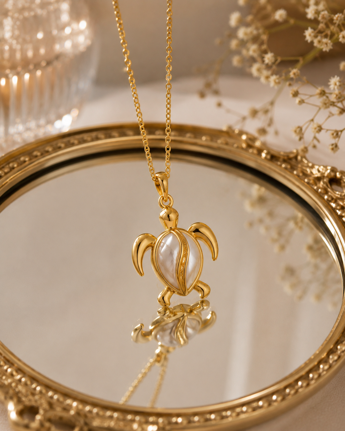 Gold-Toned Sea Turtle Pendant Necklace for Women | Mother of Pearl Turtle Pendant