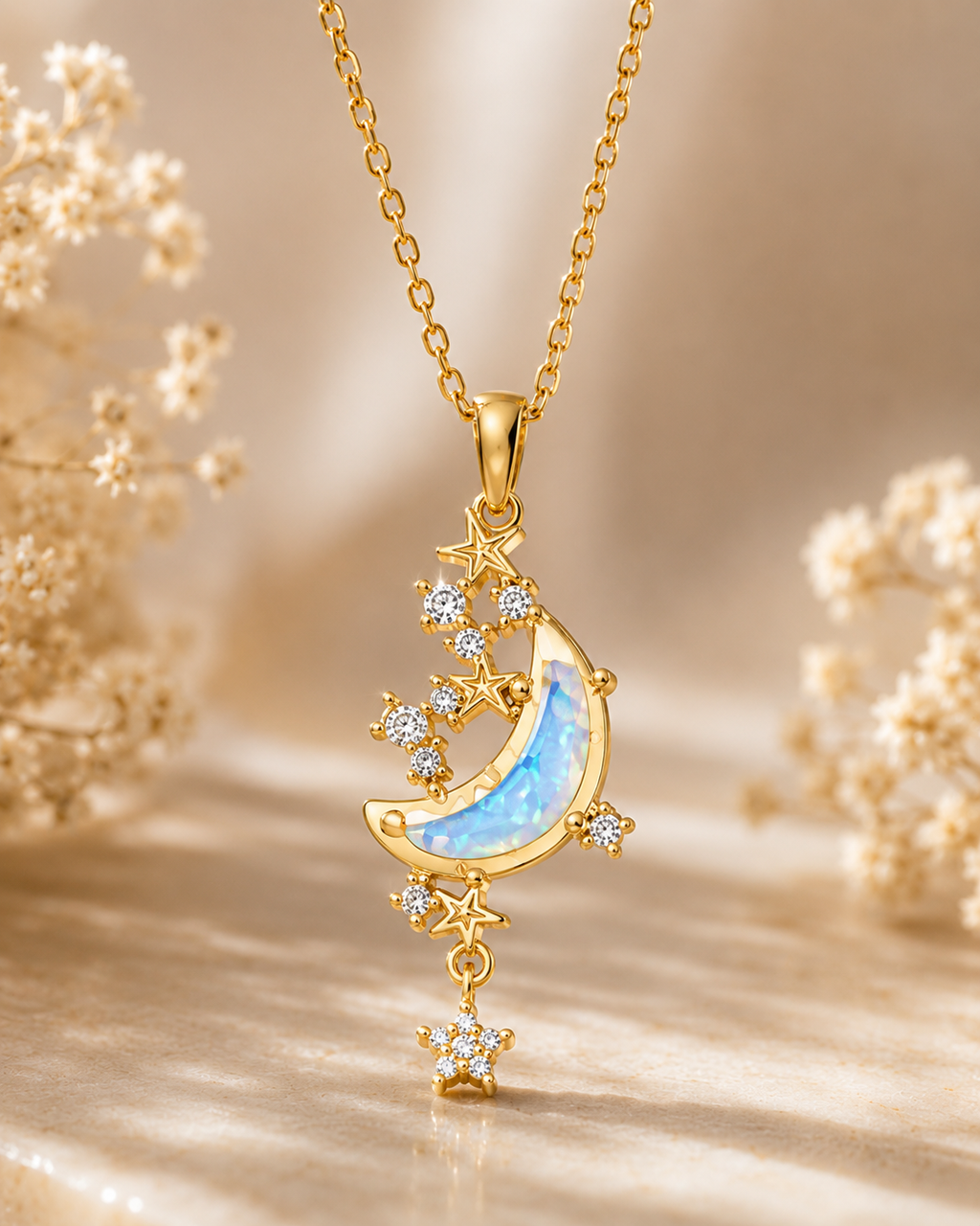 Celestial Moon &amp; Stars Opal Pendant for Women | Gold-Toned CZ Pendant with Chain