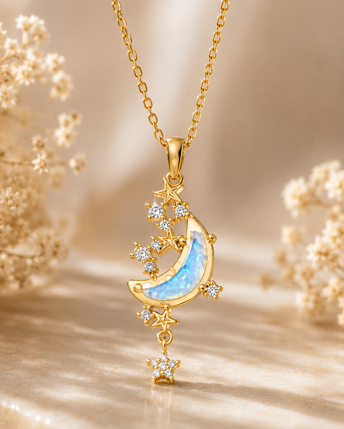 Celestial Moon &amp; Stars Opal Pendant for Women | Gold-Toned CZ Pendant with Chain