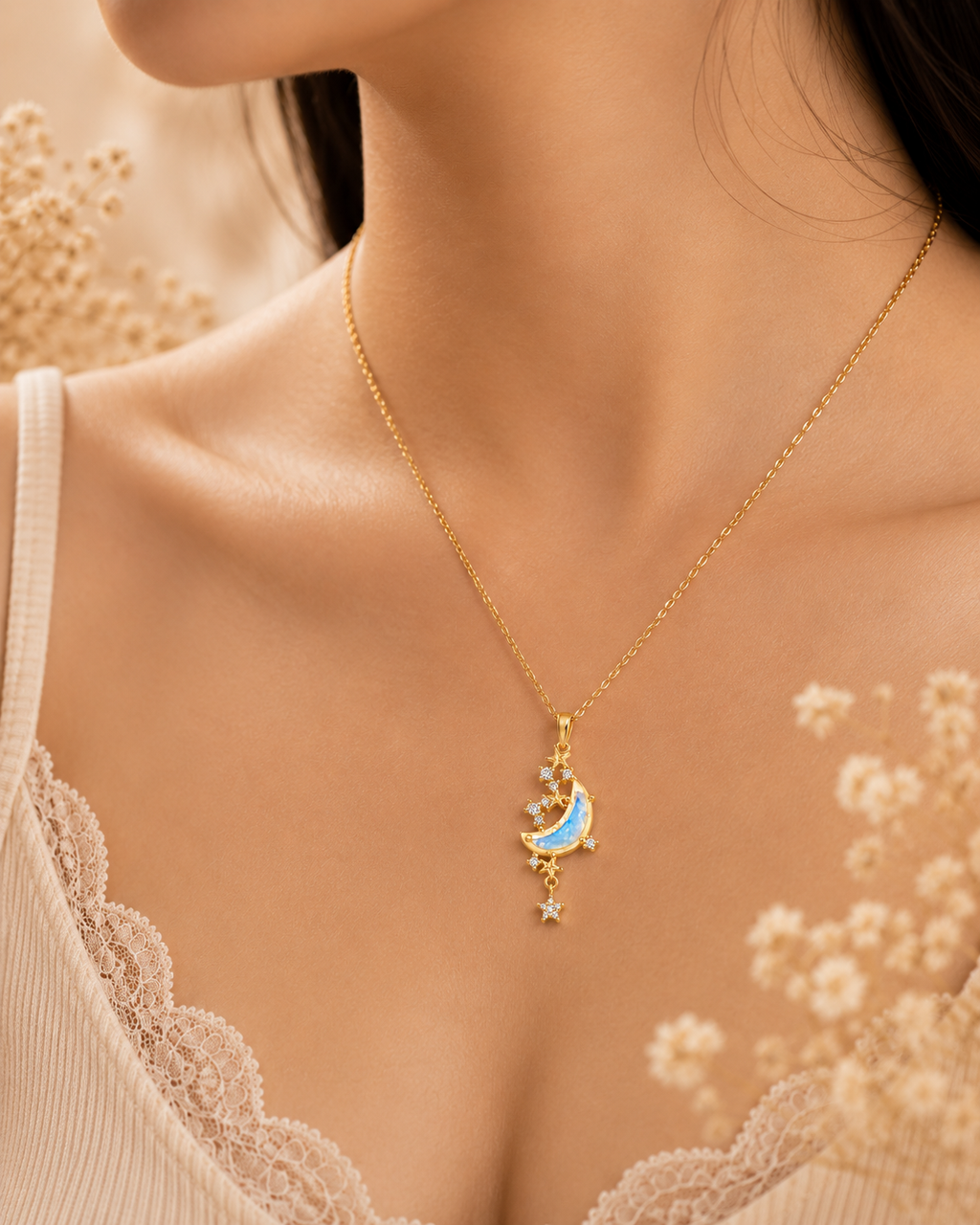 Celestial Moon &amp; Stars Opal Pendant for Women | Gold-Toned CZ Pendant with Chain