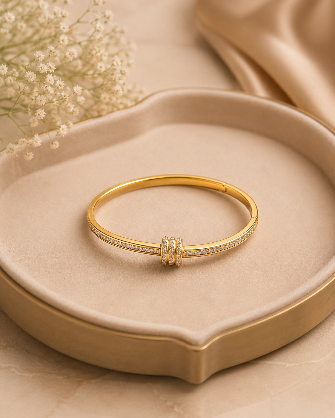 Elegant Gold Crystal Accent Bangle for Women | Gold-Toned CZ Stone Bracelet