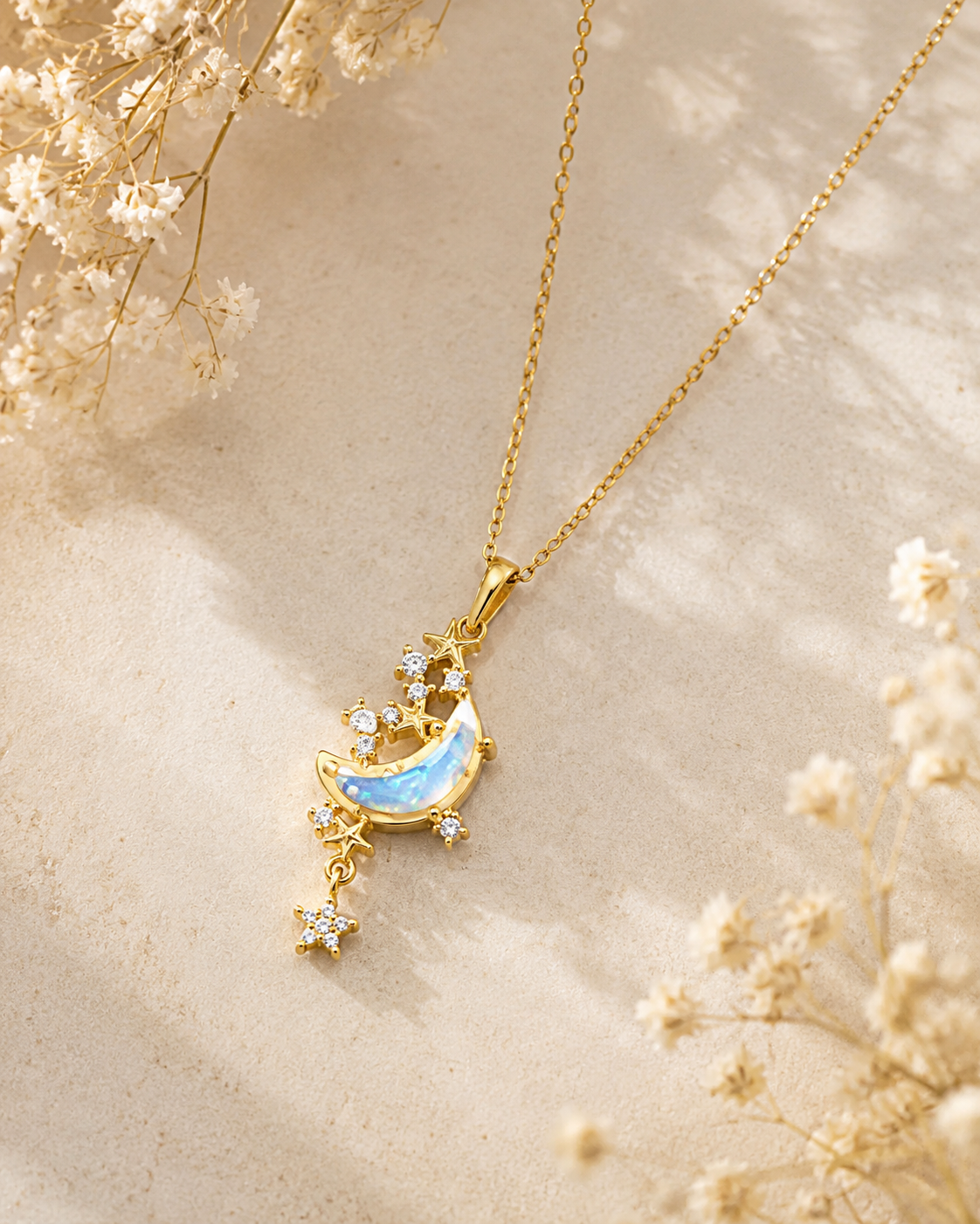Celestial Moon &amp; Stars Opal Pendant for Women | Gold-Toned CZ Pendant with Chain