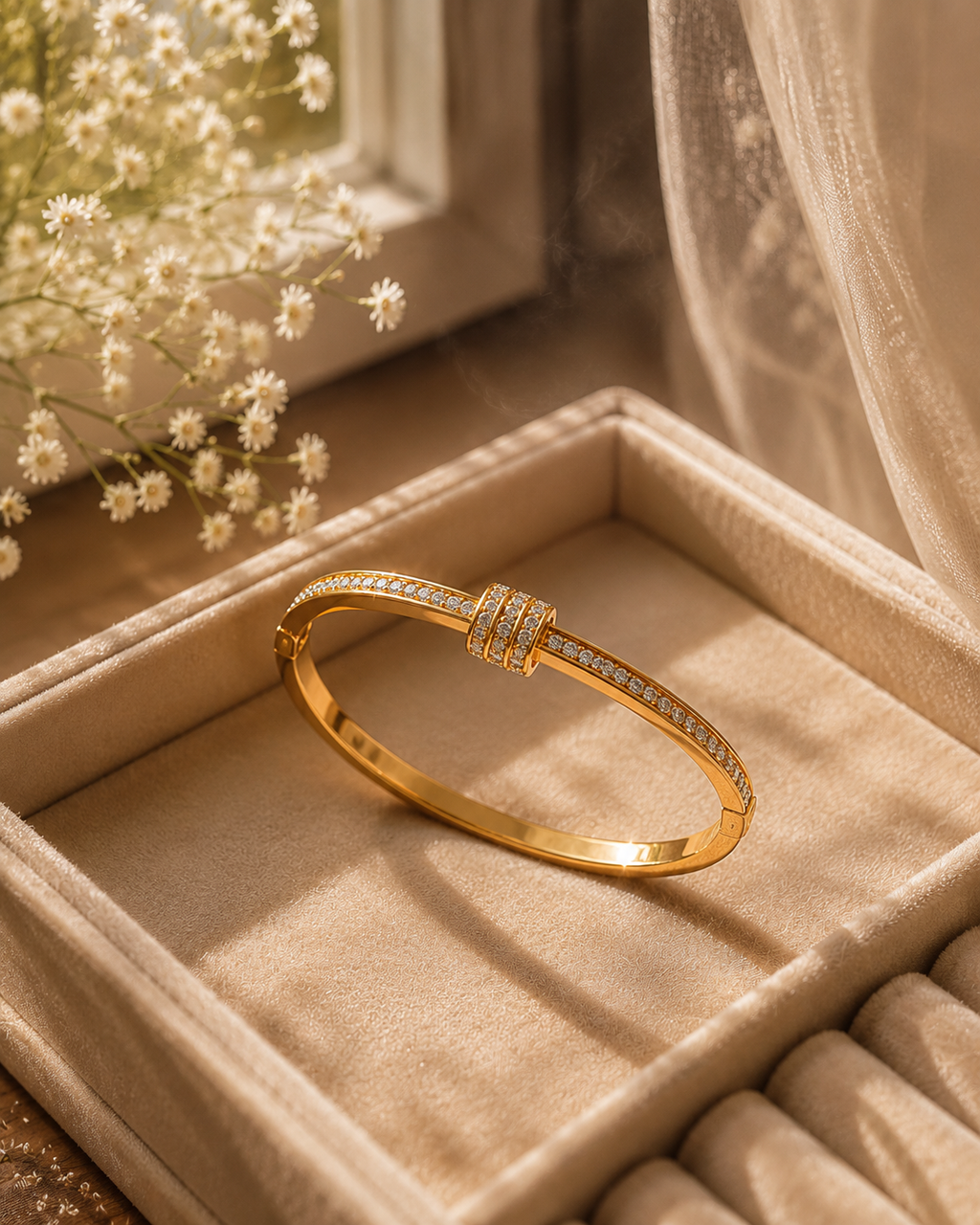 Elegant Gold Crystal Accent Bangle for Women | Gold-Toned CZ Stone Bracelet