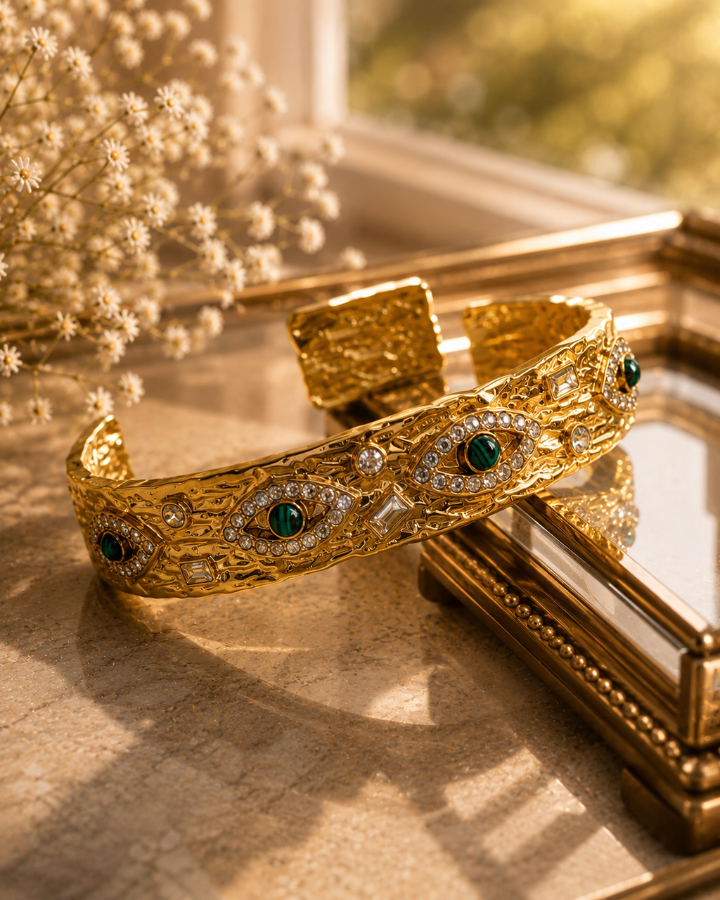 Luxury Evil Eye Gold Cuff Bangle for Women | CZ Stone Statement Bracelet