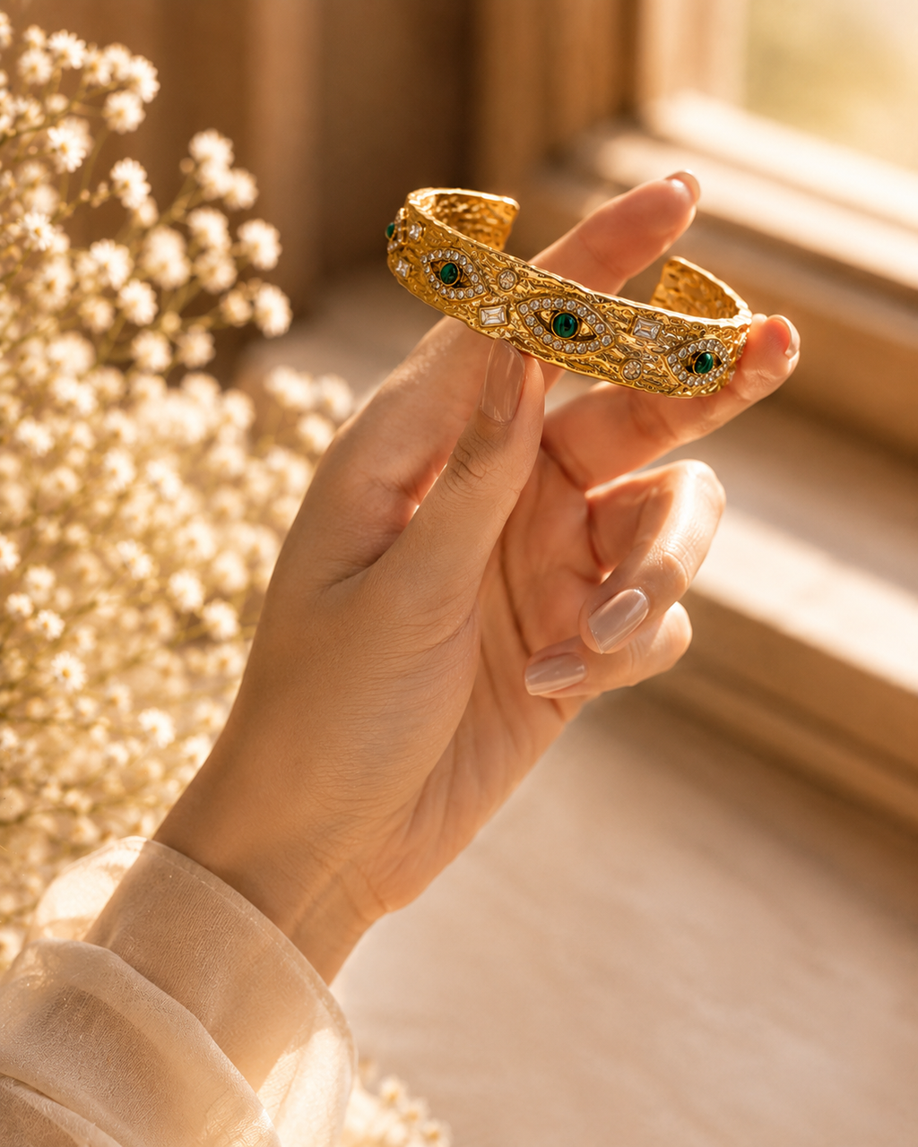 Luxury Evil Eye Gold Cuff Bangle for Women | CZ Stone Statement Bracelet