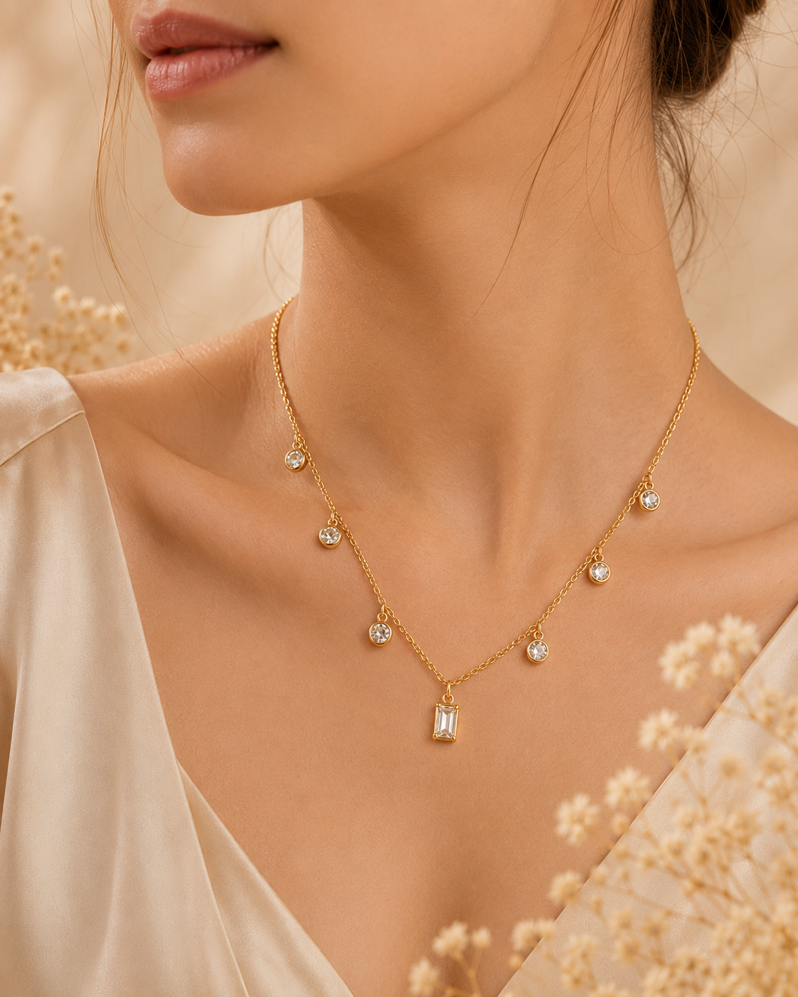 Elegant Gold Crystal Drop Necklace for Women | CZ Charm Pendant with Chain