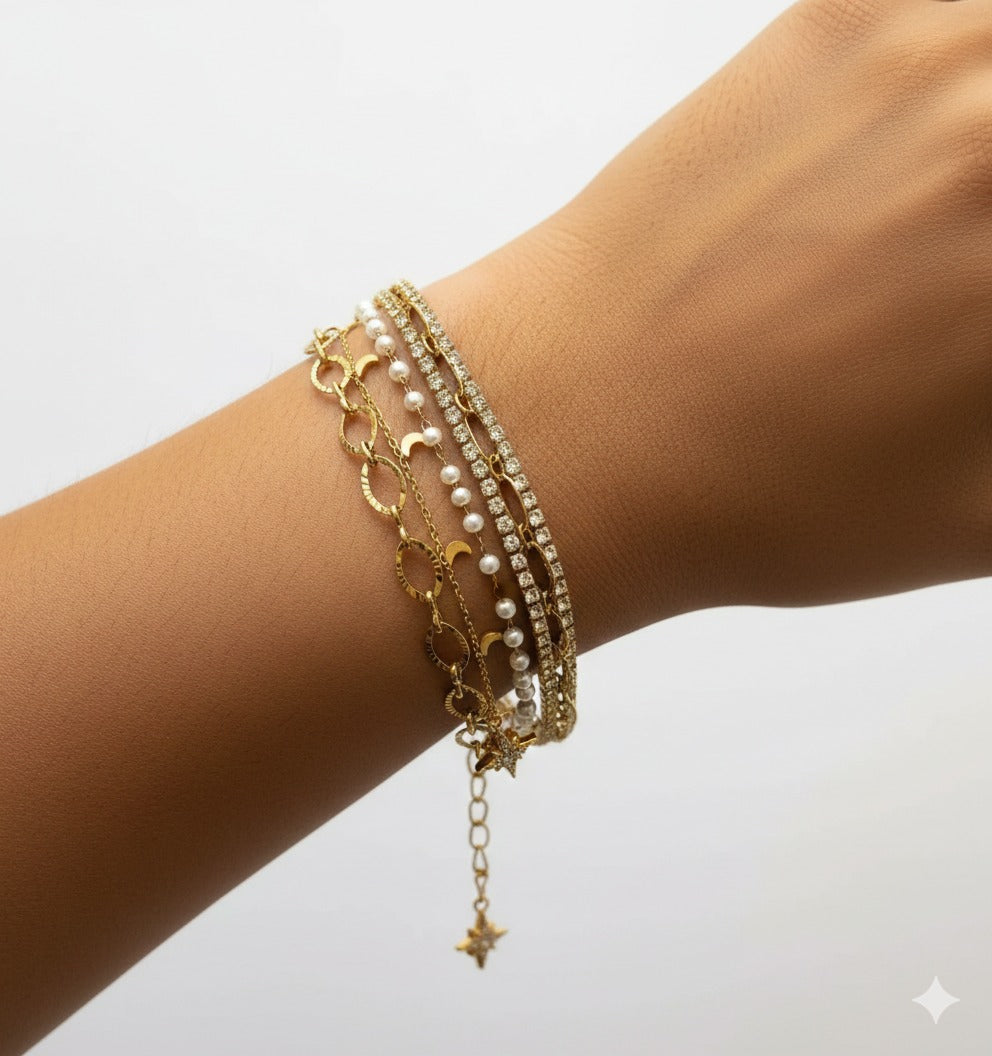 Golden Multilayer Pearl & Charm Bracelet