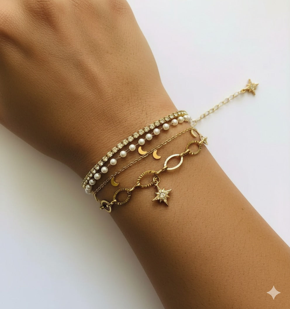 Golden Multilayer Pearl & Charm Bracelet