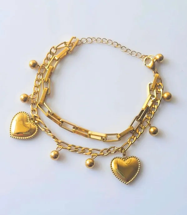 Gold-Toned Layered Heart Charm Bracelet for Women | Adjustable Chain Bracelet