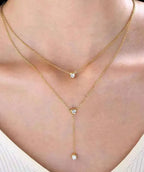 Gold-Toned Layered Crystal Lariat Necklace for Women | Minimal Double Layer Pendant Necklace