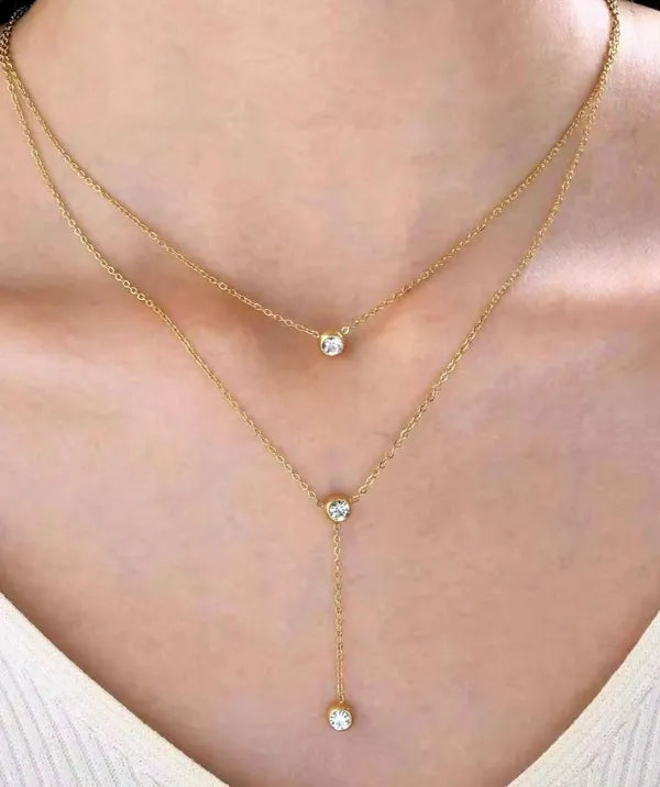 Gold-Toned Layered Crystal Lariat Necklace for Women | Minimal Double Layer Pendant Necklace