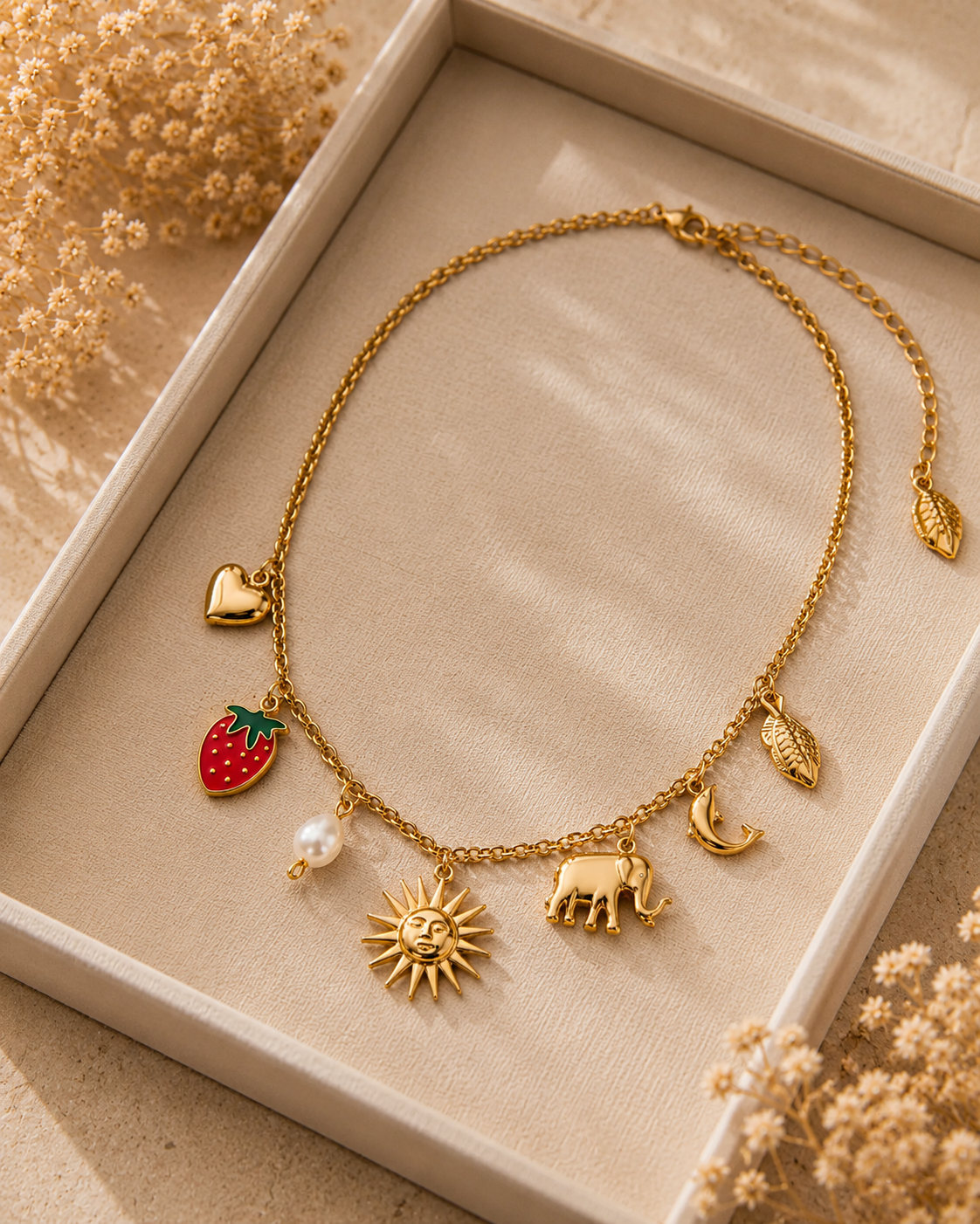 Gold Multi-Charm Pendant Necklace for Women | Celestial &amp; Nature Charm Necklace with Chain