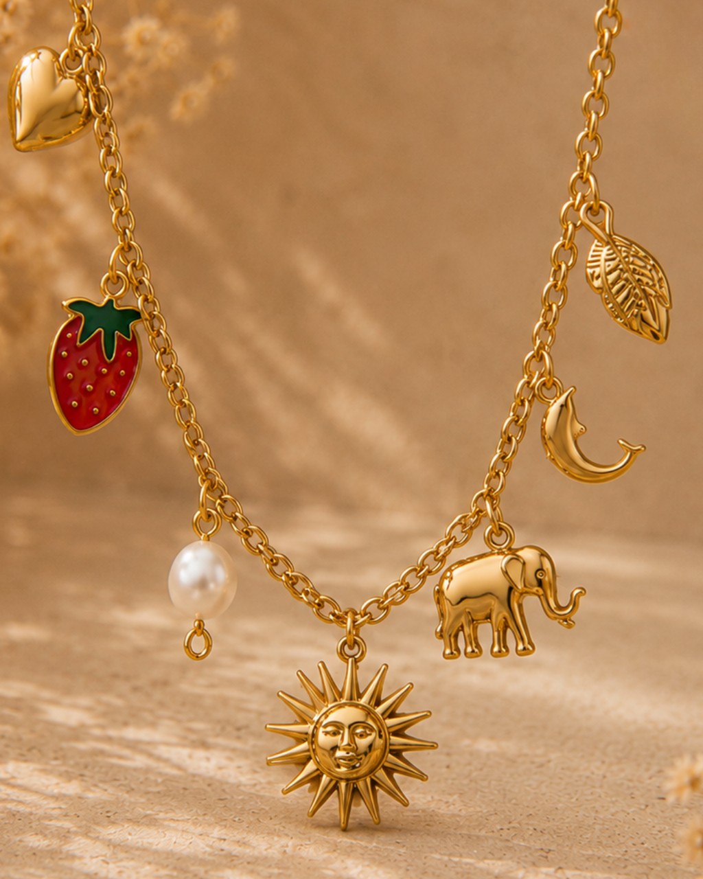Gold Multi-Charm Pendant Necklace for Women | Celestial &amp; Nature Charm Necklace with Chain