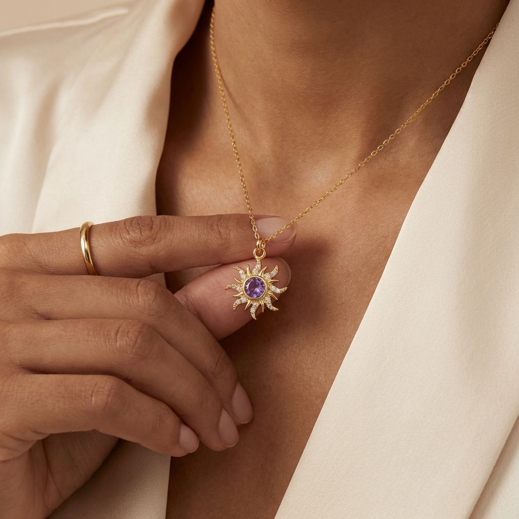 Adya Purple Sunburst Crystal Pendant Necklace