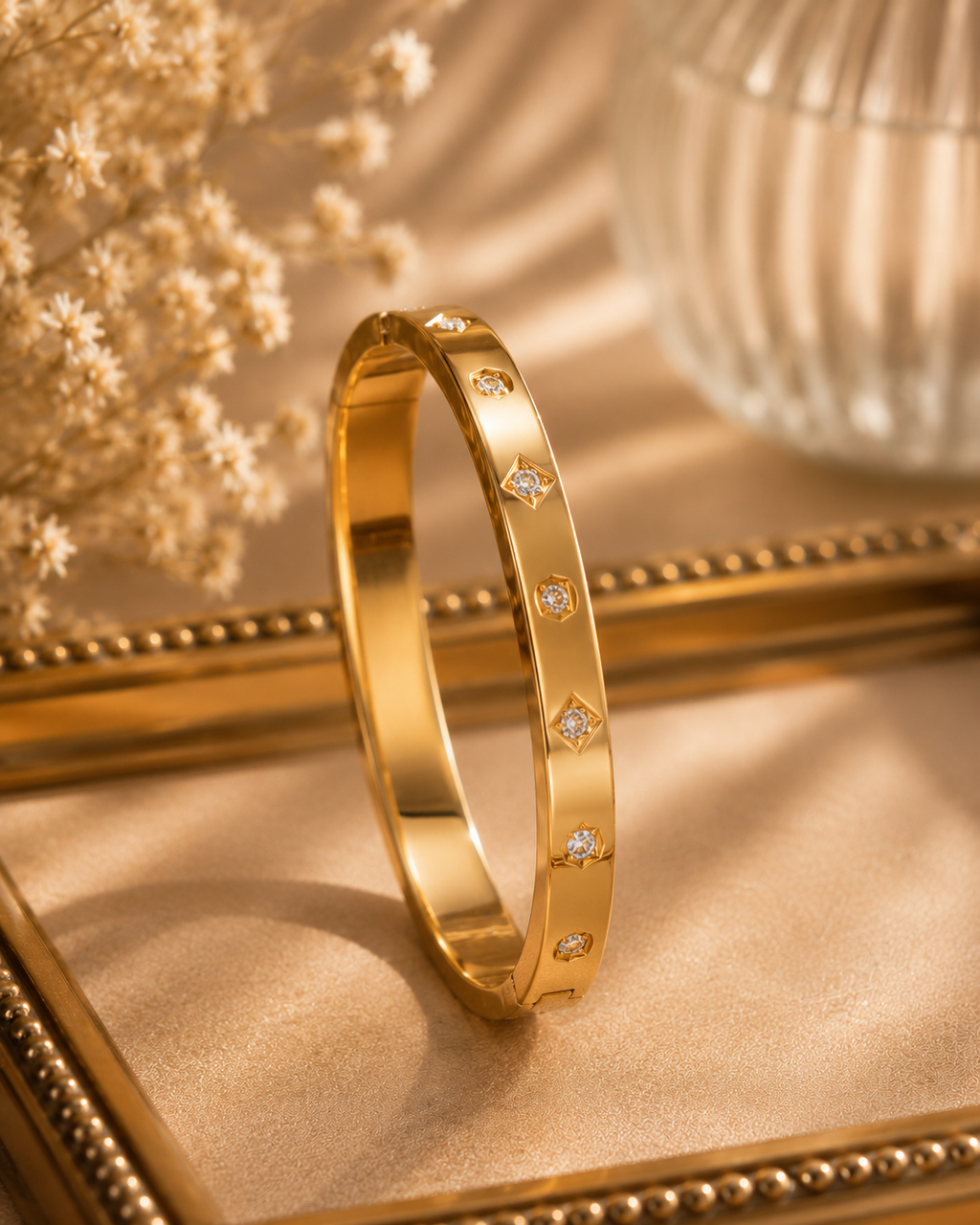 Minimalist Gold Geometric Crystal Bangle for Women | Gold-Toned CZ Stone Bracelet