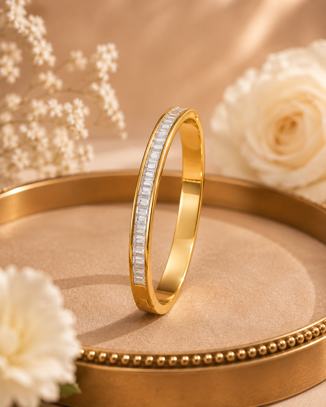 Elegant Gold-Toned Baguette CZ Crystal Bangle for Women | Slim Luxury Bracelet