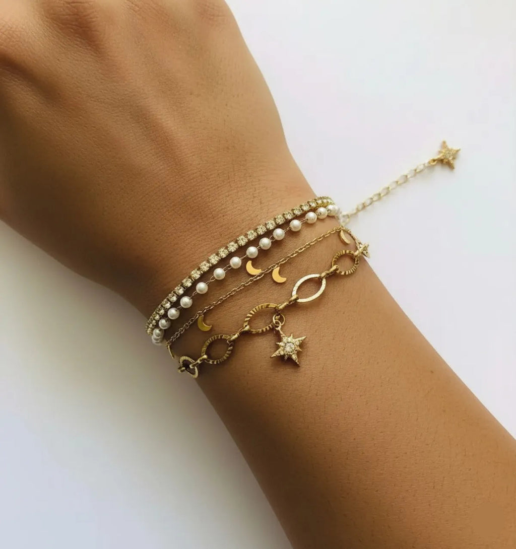 Gold-Toned Layered Charm Bracelet Set for Women | Pearl &amp; Crystal Adjustable Stack Bracelet