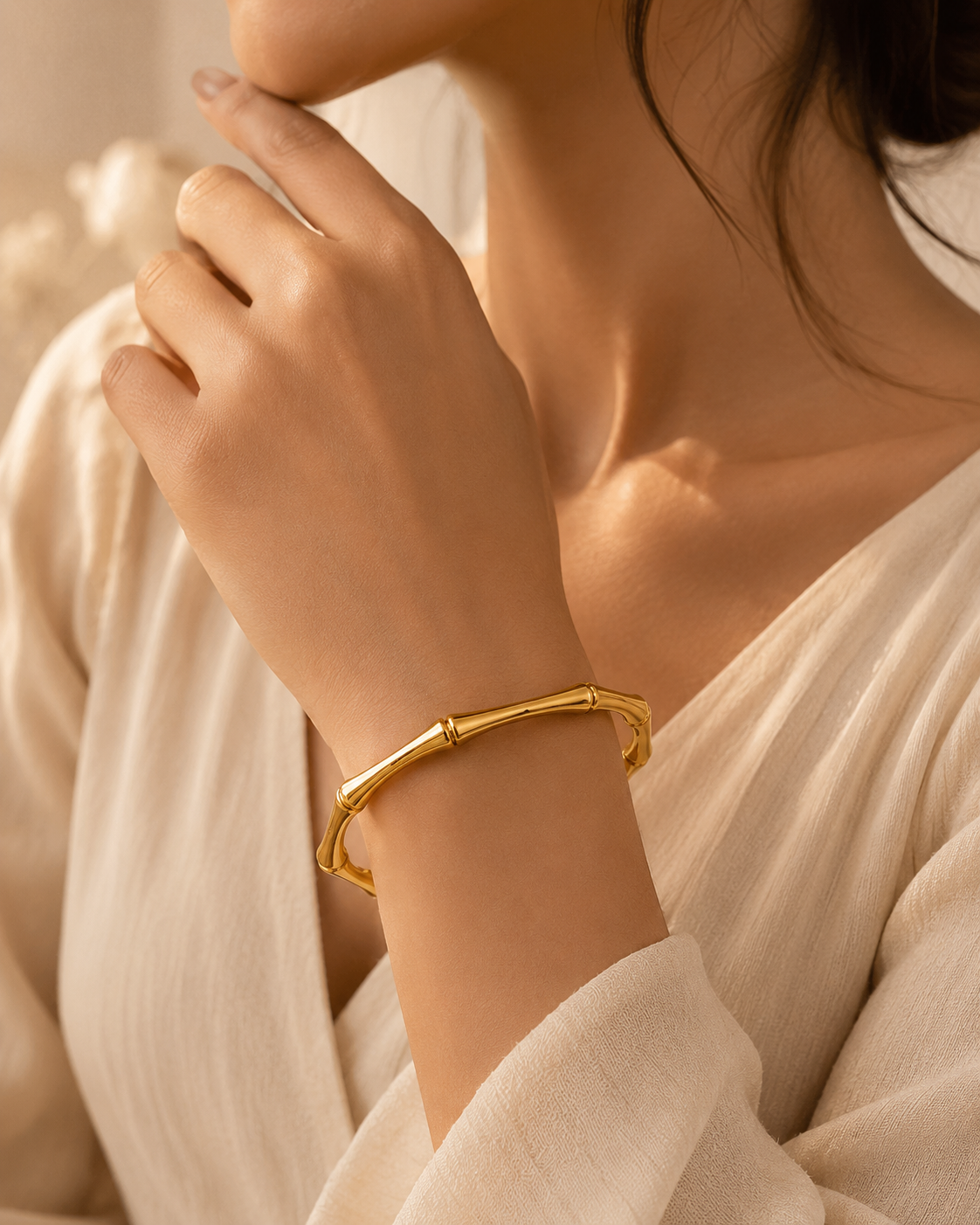 Minimal Gold-Toned Bamboo Open Cuff Bangle for Women | Elegant Everyday Bracelet