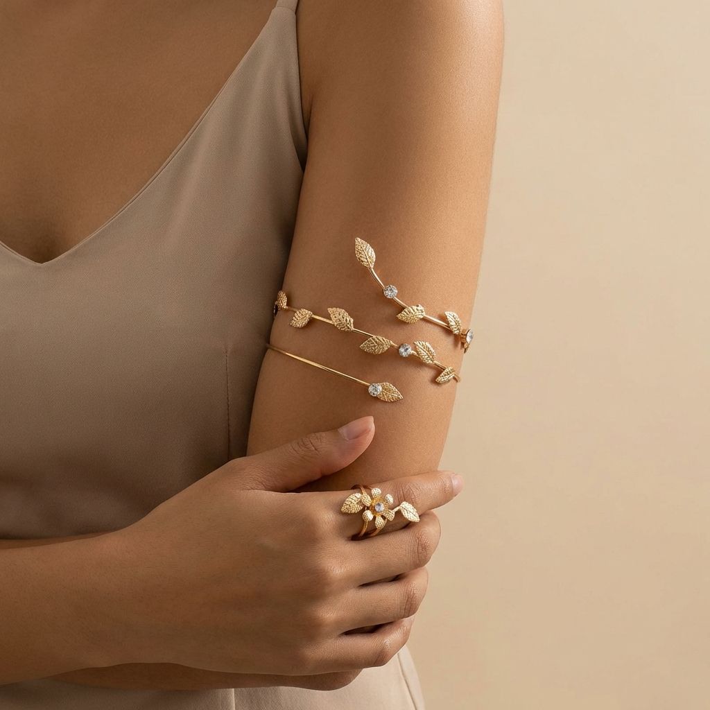 Elegant Leaf & Crystal Multi-Layer Bracelet