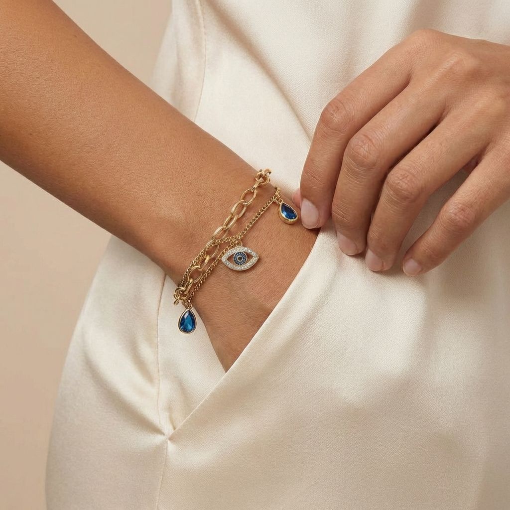Blue Evil Eye Layered Gold-Tone Bracelet
