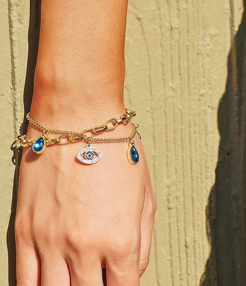 Blue Evil Eye Layered Gold-Tone Bracelet