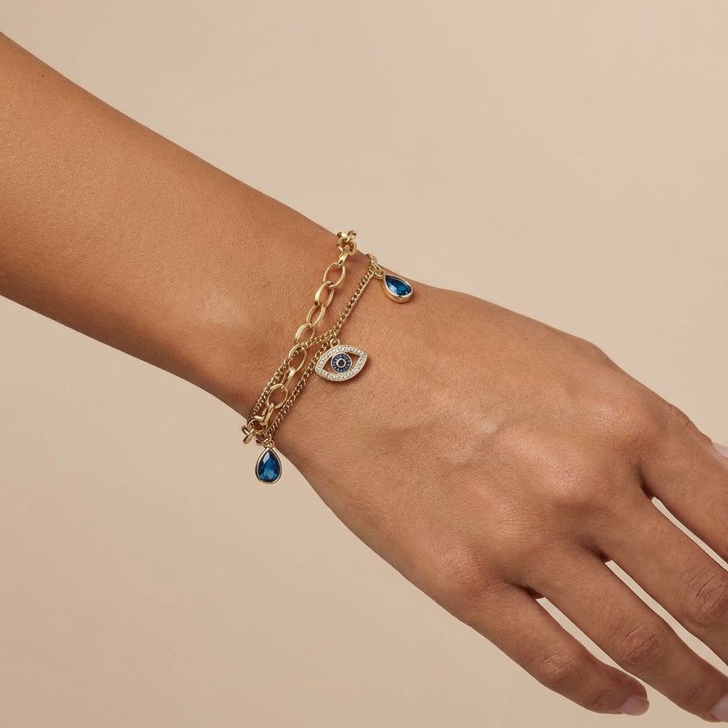 Blue Evil Eye Layered Gold-Tone Bracelet