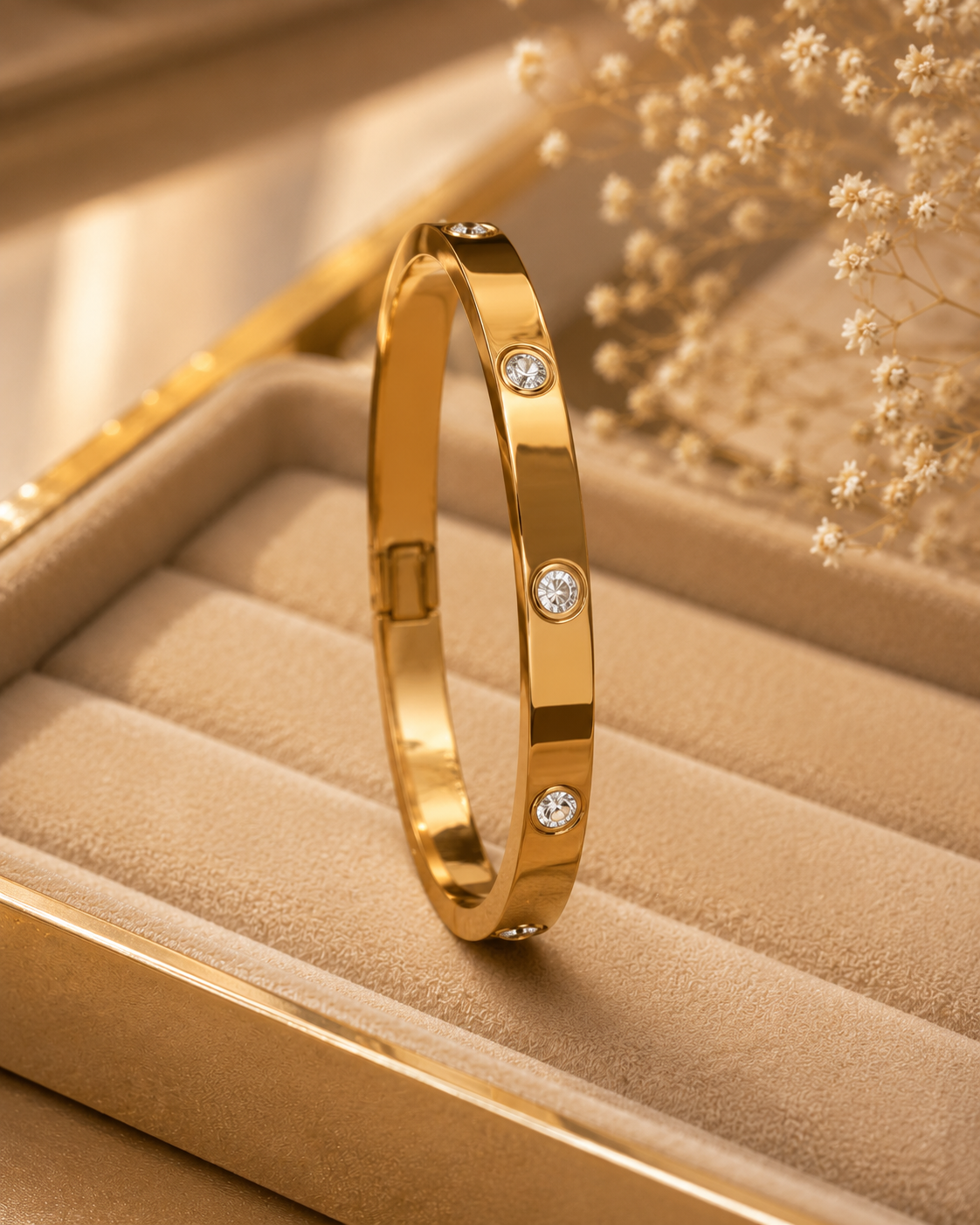 Minimal Gold-Toned Crystal Studded Bangle for Women | Elegant Slim Bracelet