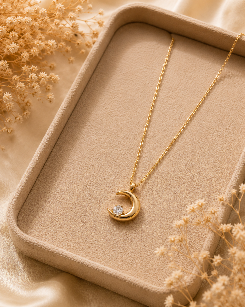 Gold-Toned Crescent Moon Solitaire Pendant Necklace for Women | Minimal Celestial Necklace