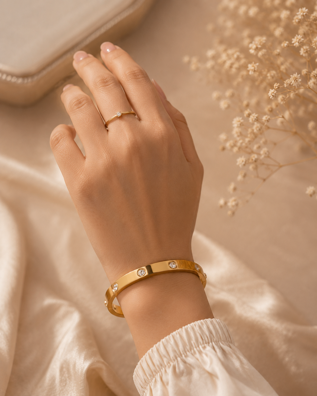 Minimal Gold-Toned Crystal Studded Bangle for Women | Elegant Slim Bracelet