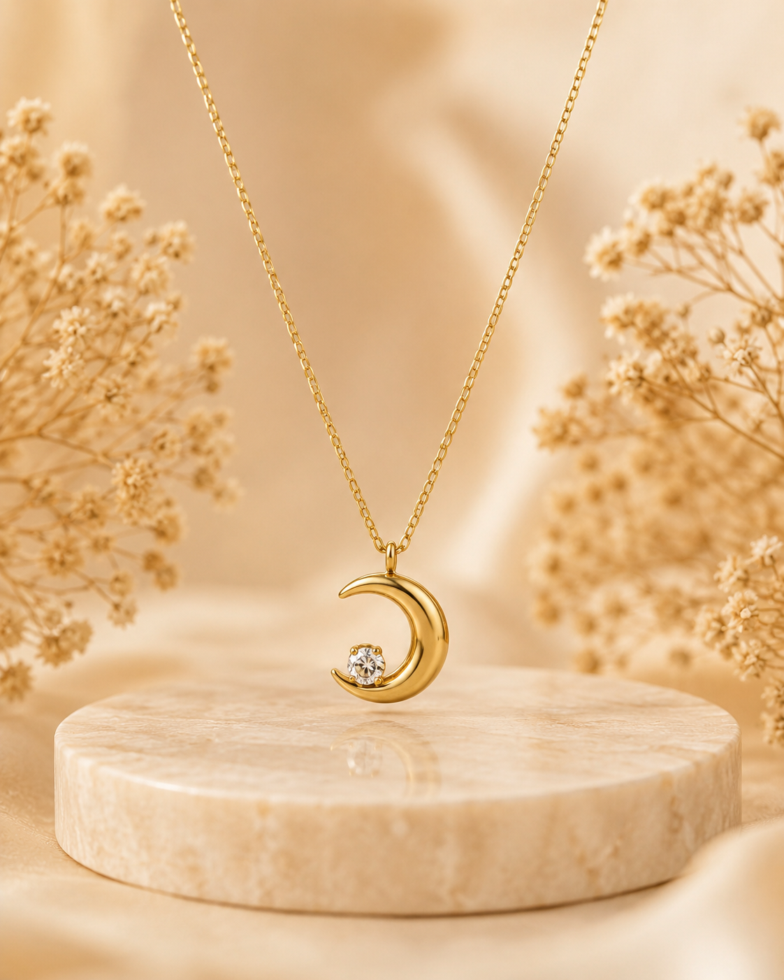 Gold-Toned Crescent Moon Solitaire Pendant Necklace for Women | Minimal Celestial Necklace