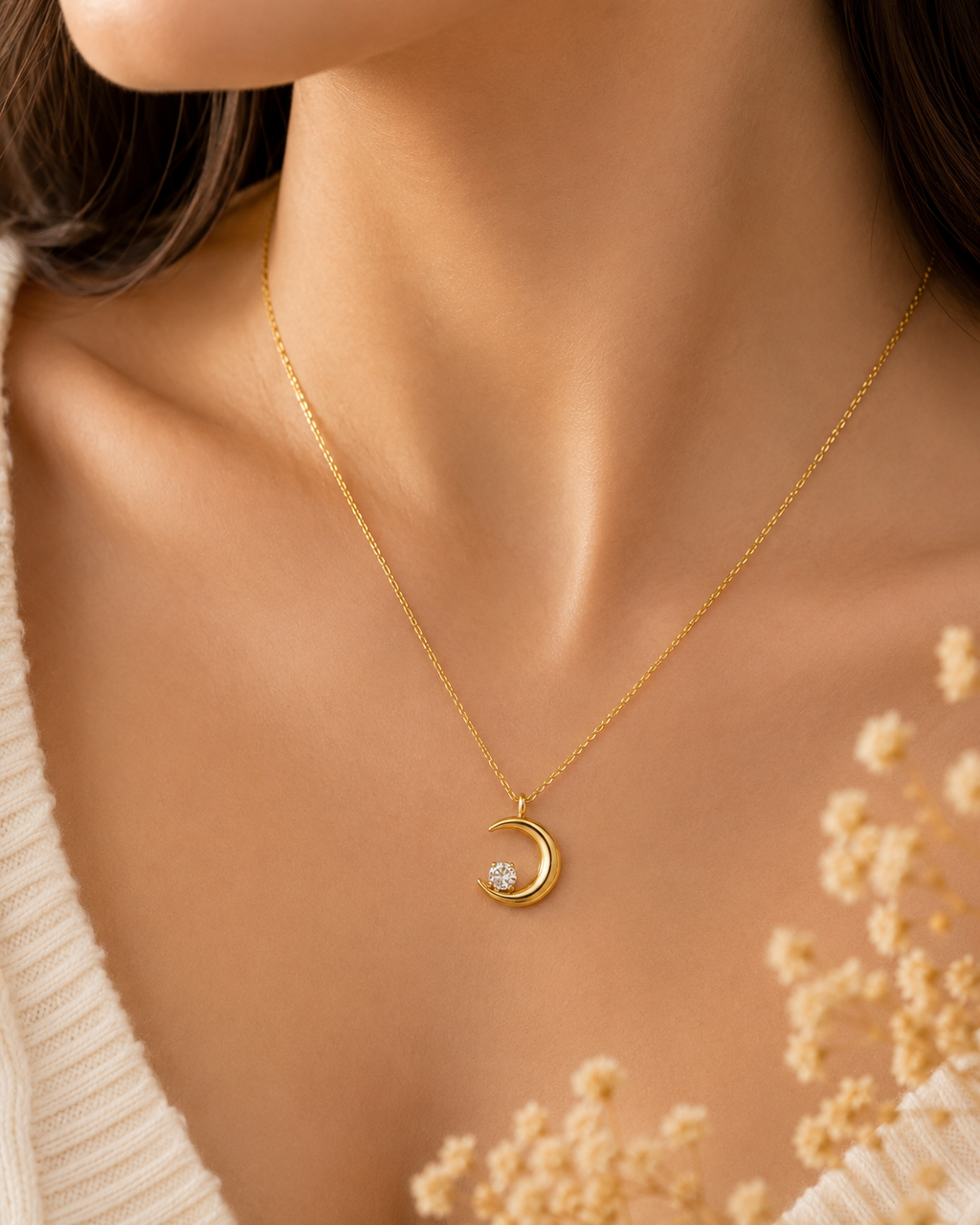 Gold-Toned Crescent Moon Solitaire Pendant Necklace for Women | Minimal Celestial Necklace