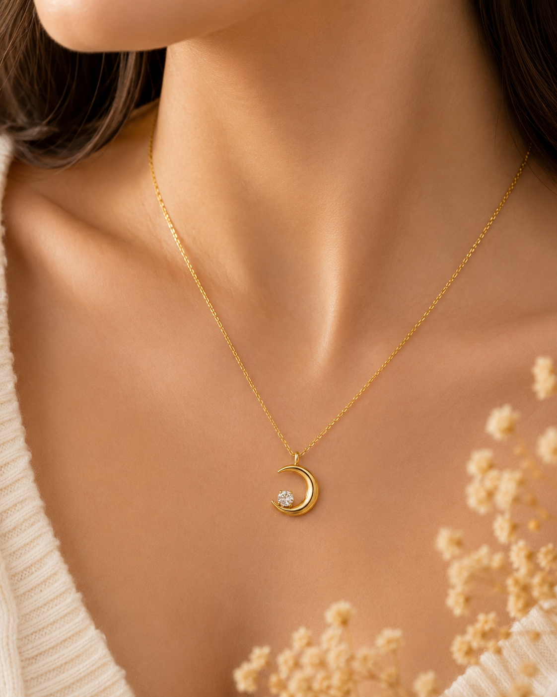 Gold-Toned Crescent Moon Solitaire Pendant Necklace for Women | Minimal Celestial Necklace