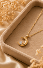 Gold-Toned Crescent Moon Solitaire Pendant Necklace for Women | Minimal Celestial Necklace