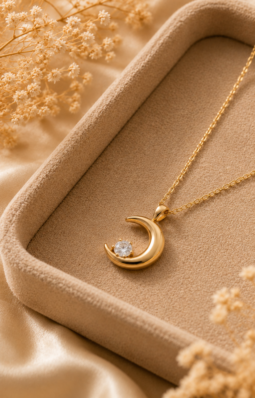 Gold-Toned Crescent Moon Solitaire Pendant Necklace for Women | Minimal Celestial Necklace
