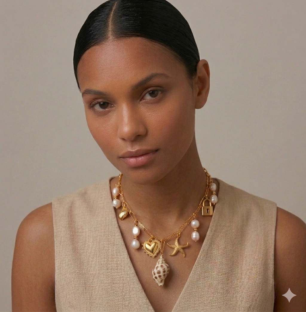 Pearl & Seashell Charm Statement Necklace