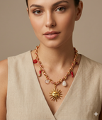 Sun Charm & Red Beaded Statement Necklace