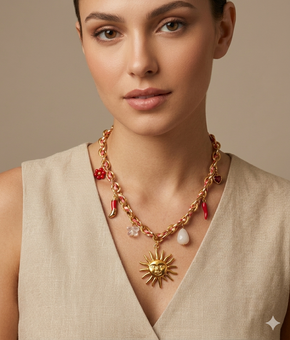 Sun Charm & Red Beaded Statement Necklace