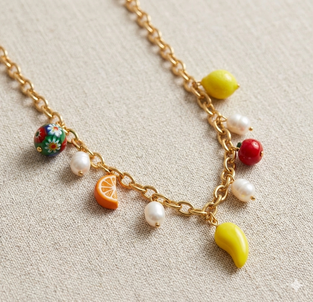 Colorful Pearl & Fruit Charm Necklace
