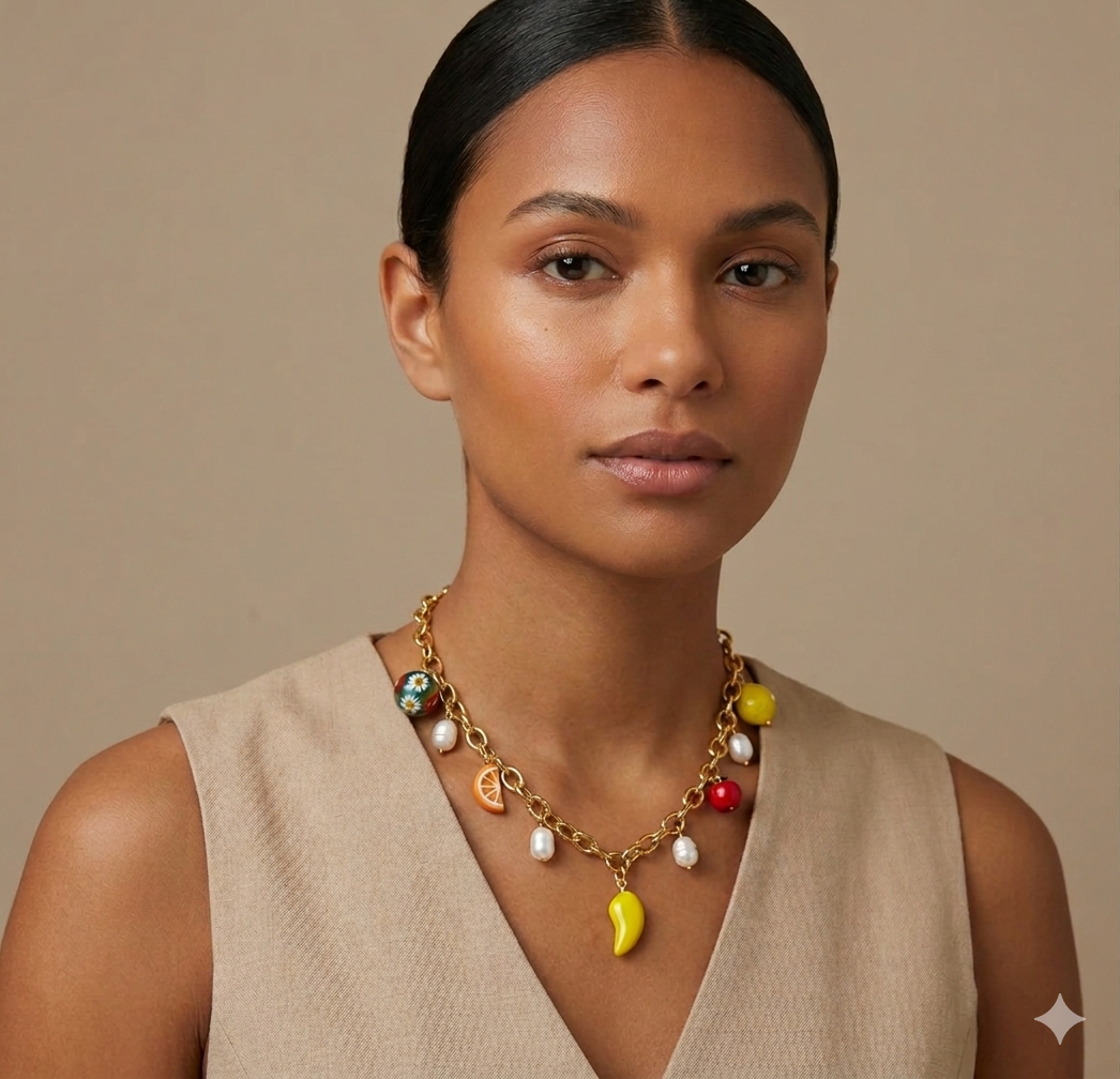 Colorful Pearl & Fruit Charm Necklace