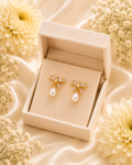 Gold-Toned Bow Pearl Drop Earrings for Women | Crystal Studded Elegant Earrings