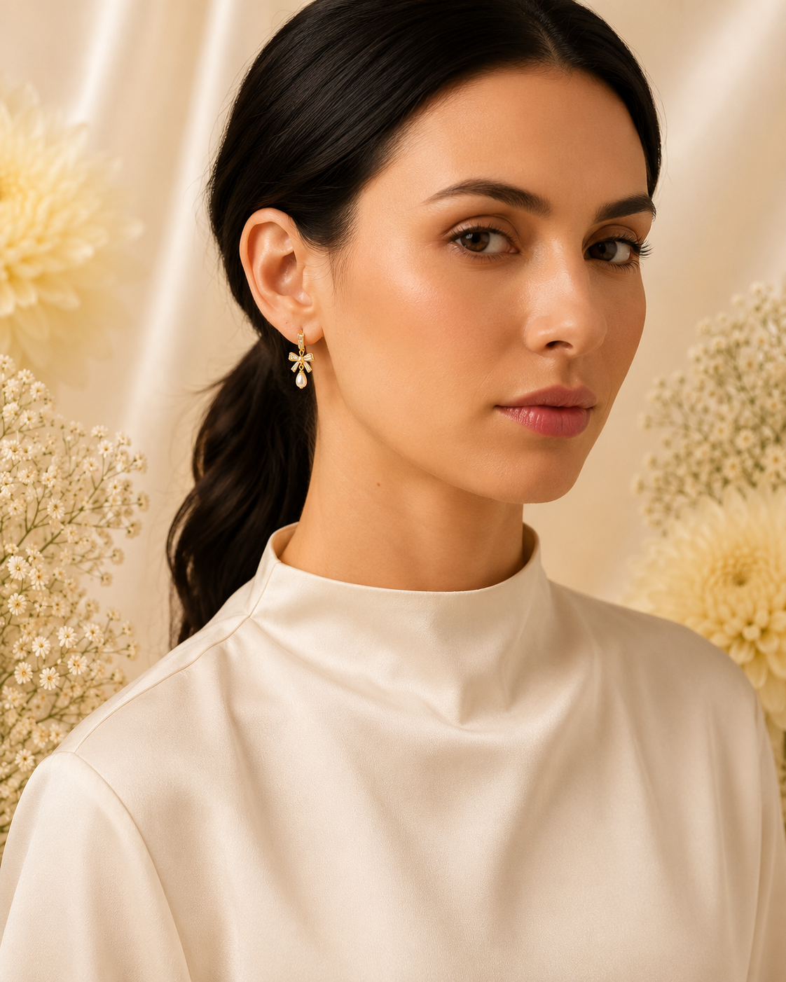 Gold-Toned Bow Pearl Drop Earrings for Women | Crystal Studded Elegant Earrings