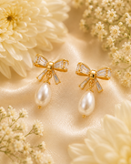 Gold-Toned Bow Pearl Drop Earrings for Women | Crystal Studded Elegant Earrings