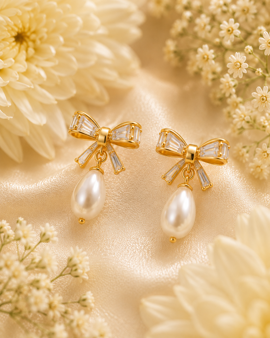 Gold-Toned Bow Pearl Drop Earrings for Women | Crystal Studded Elegant Earrings